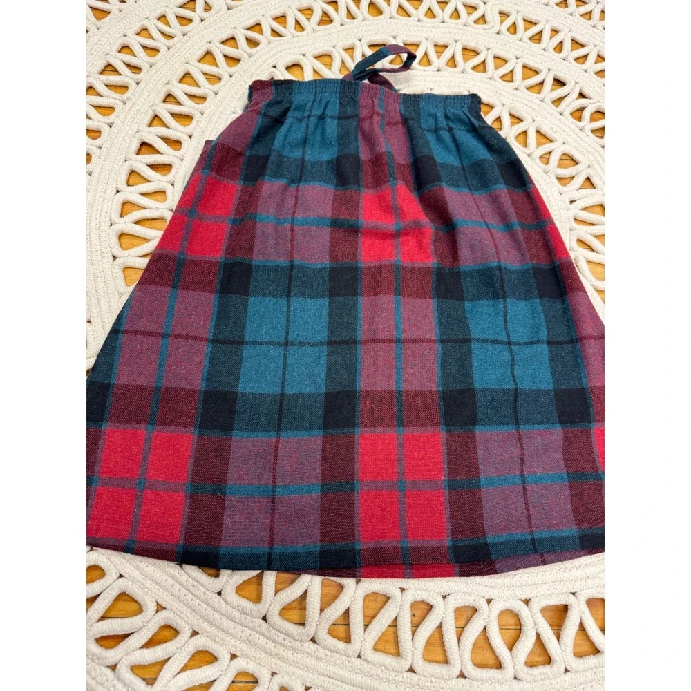 Vintage Plaid Midi Skirt Tie Waist Pockets Wool Blend Red Teal Black Boho Sz S/M